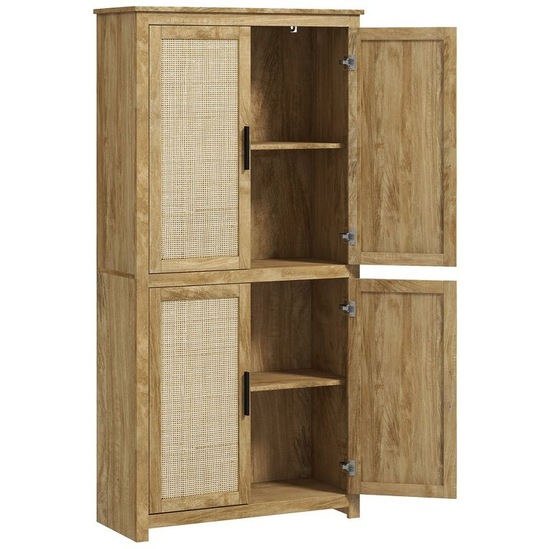 HOMCOM 64" Kitchen Pantry Storage Cabinet, Freestanding Kitchen Cabinet with 4 Rattan Doors, 4 Tier Shelves and Adjustable Shelf, Natural