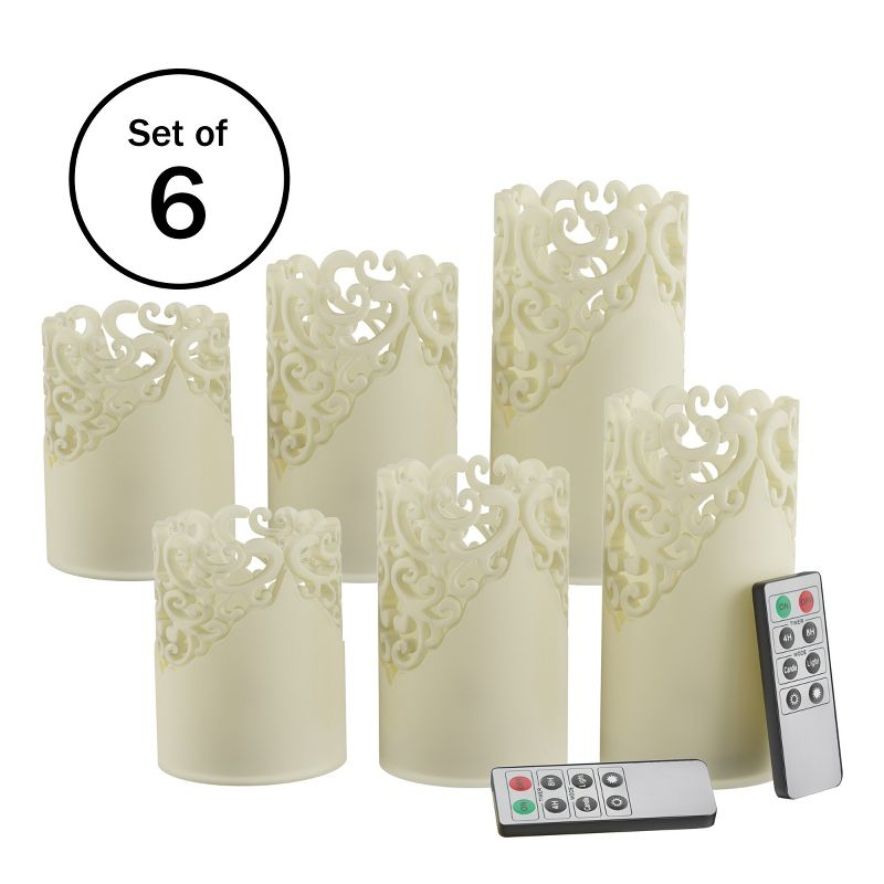 LED Candles with Remote Control – Set of 6 Realistic Flameless Pillar Lights with Lace Details and Vanilla Scented Wax – Home Decor by Lavish Home