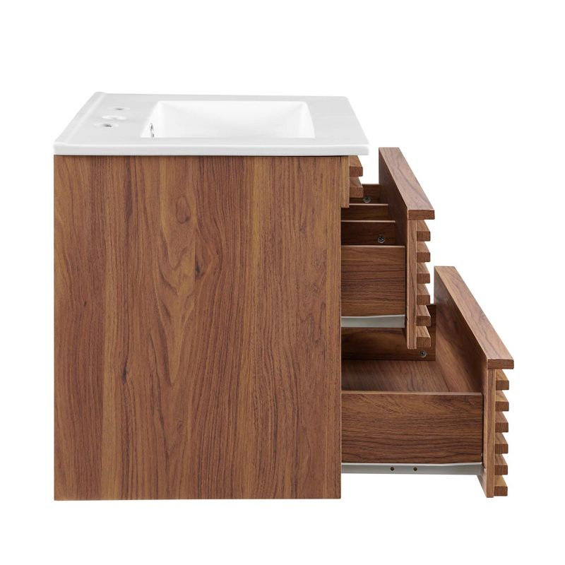 Modway Render 24" Wall-Mount Bathroom Vanity – Mid-Century Modern Floating Sink Cabinet in Walnut and White Finish