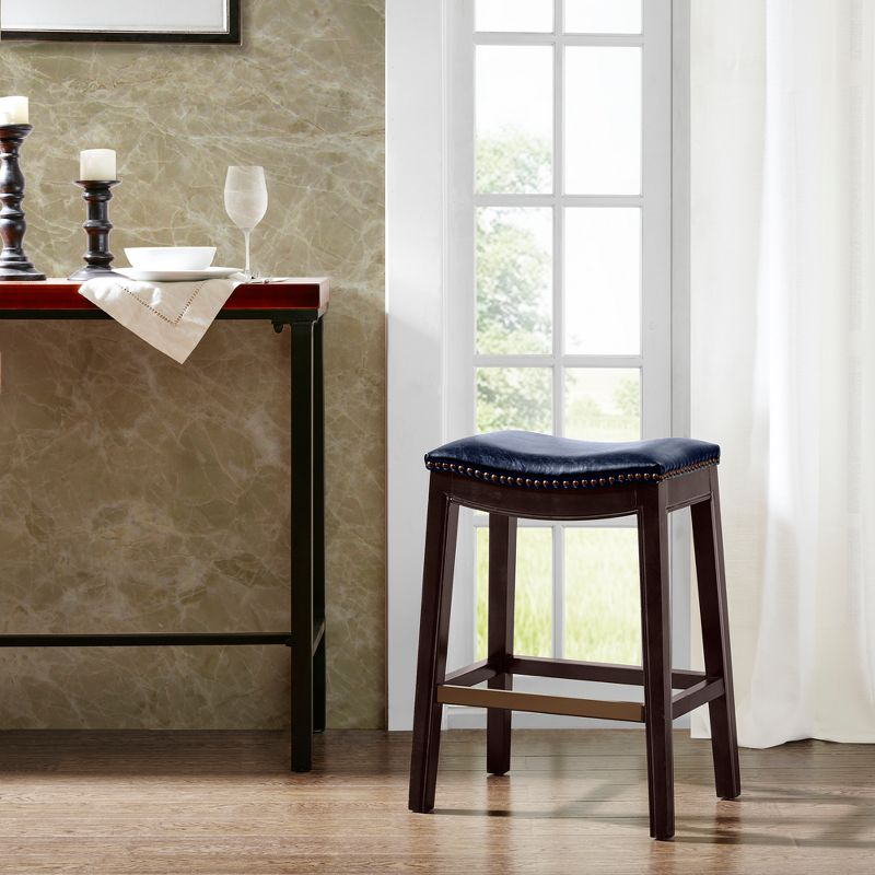 Westley Saddle Counter Height Barstool Navy: Madison Park, Upholstered, Wood Legs, 20" Wide