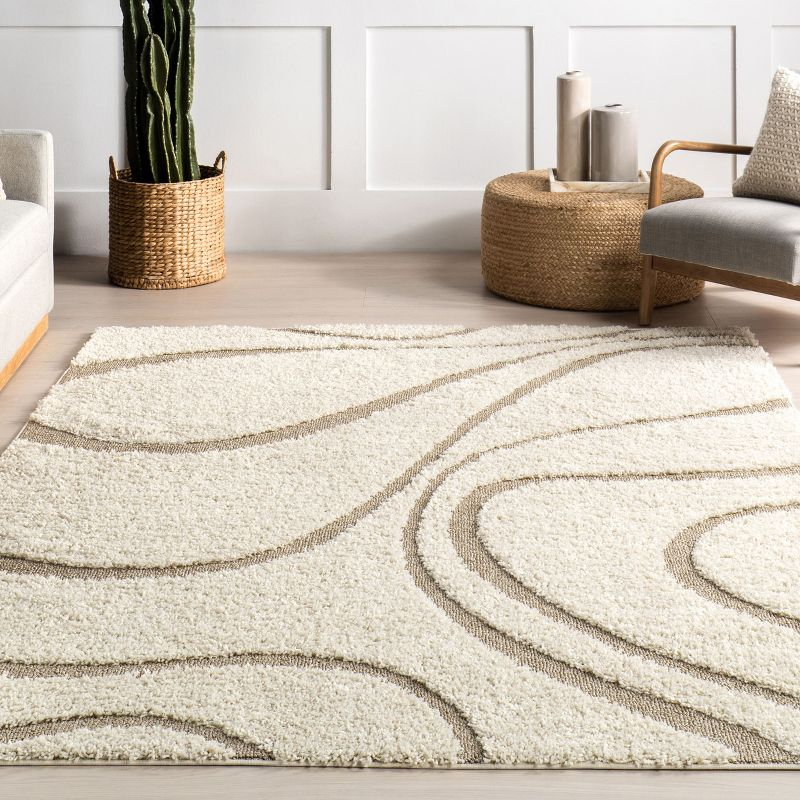 Nuloom Carolyn Abstract 6 Square Shag Indoor Area Rug for Living Room Bedroom Dining Room Nursery, Cream/Beige