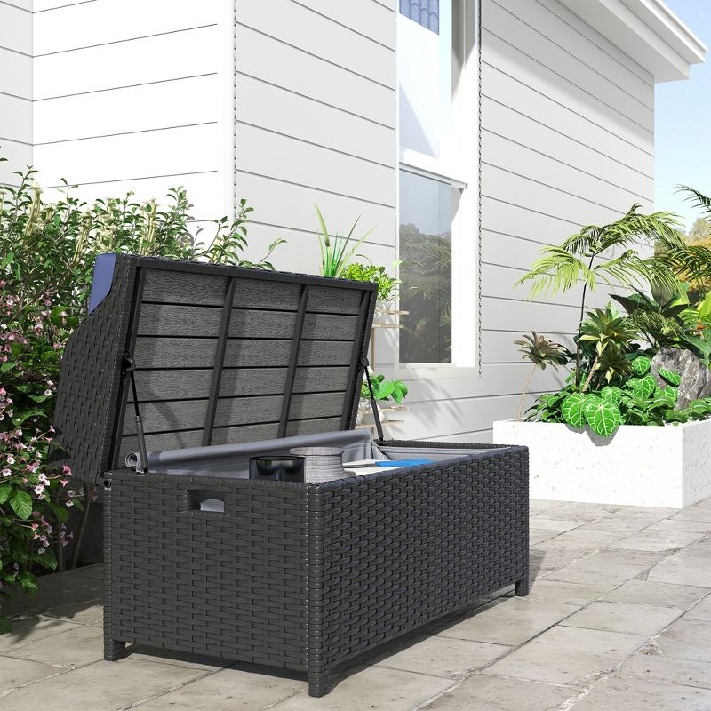 Outsunny Storage Bench Rattan Wicker Garden Deck Box Bin with Interior Waterproof Bag and Comfy Cushion, Navy Blue