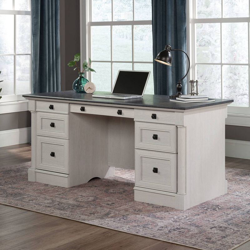 Sauder Palladia 7Drawer Home Office Desk Glacier Oak: Executive Workspace, Keyboard Shelf, Metal Runners, Cable Management Grommets: Laminated MDF