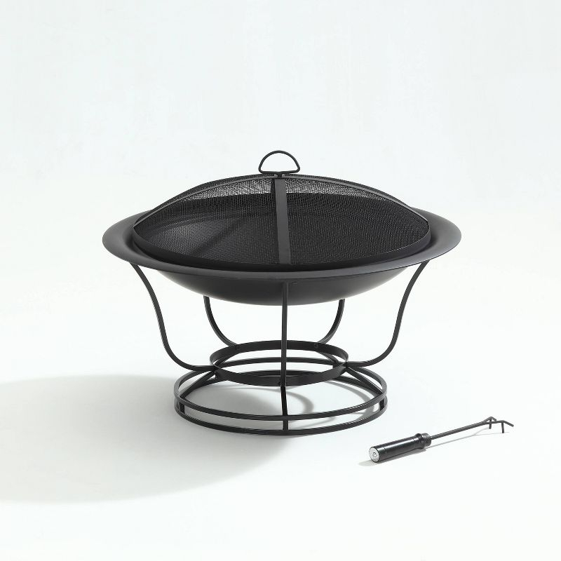 Buckner Firepit - Black - Crosley: Steel Construction, Mesh Guard, Poker & Cover Included