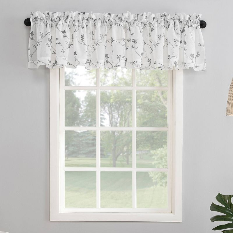 17"x50" Delia Embroidered Floral Sheer Rod Pocket Curtain Valance White/Gray - No. 918: Botanical Window Valance