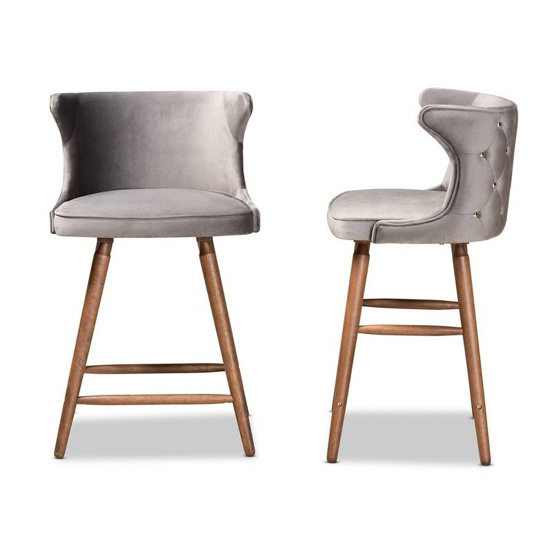 2pc Sagira Velvet & Wood Counter Height Barstool Set with Footrest - Baxton Studio