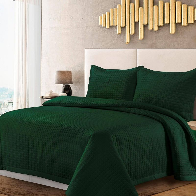 Queen Naples Microfiber Quilt Set Emerald Green - Tribeca Living: 3-Piece, Box Quilting Design, All Ages