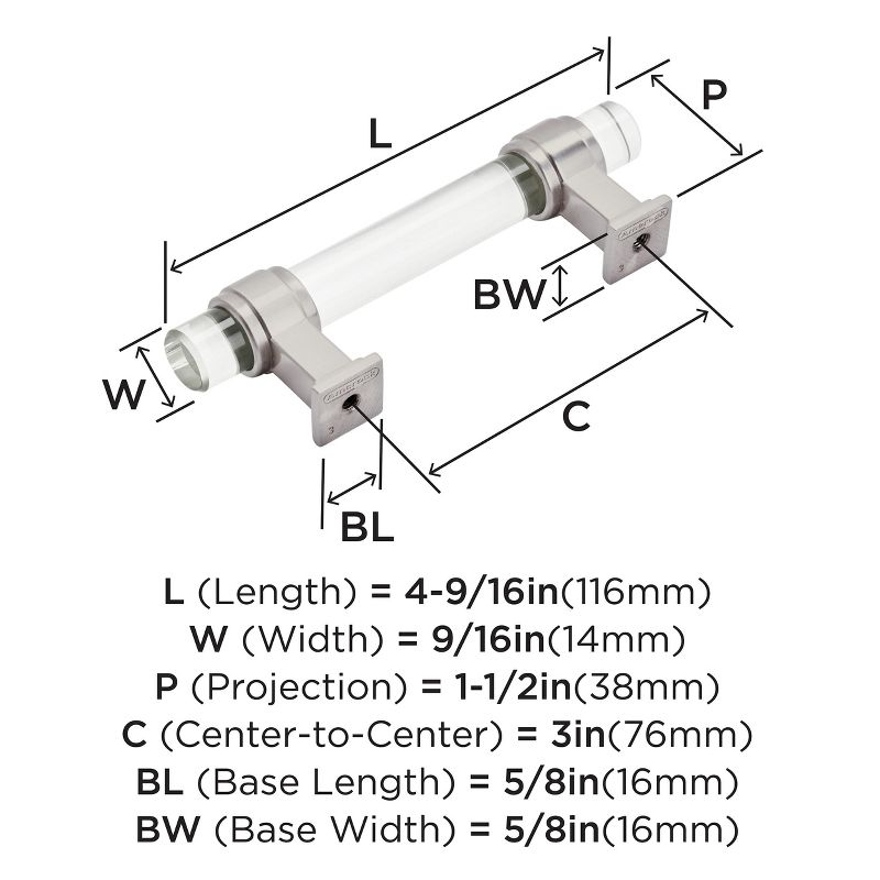 Amerock Glacio 3 inch (76mm) Center-to-Center Clear/Satin Nickel Cabinet Pull