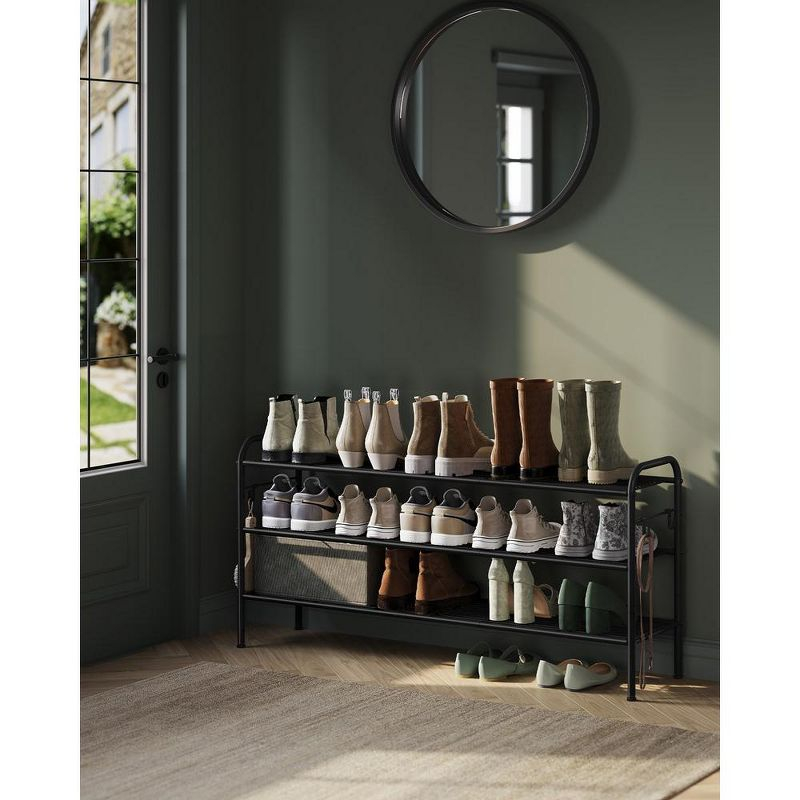 SONGMICS Shoe Rack, 3-Tier Shoe Organizer, Metal Shoe Shelf Storage with 4 Side Hooks, Holds 18 Pairs of Shoes, Height-Adjustable Shoe Rack, Ink Black