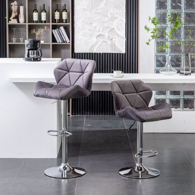 Roundhill Furniture Breni Velvet Diamond Tufted Swivel Adjustable Height Barstool, Gray, Set of 2