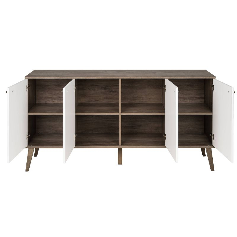 Milo Mid-Century Modern 4 Door Buffet Server Gray/White - Prepac: Laminated Composite Wood, Adjustable Shelves