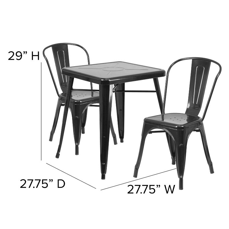 Flash Furniture Commercial Grade 23.75" Square Black Metal Indoor-Outdoor Table Set with 2 Stack Chairs