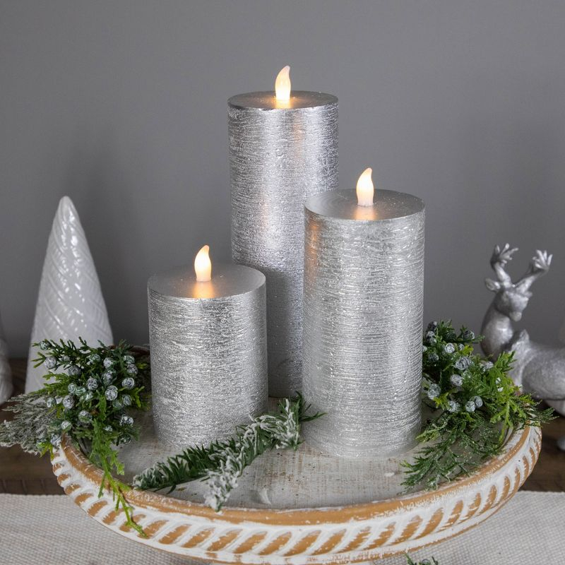 Northlight Flameless Flickering LED Wax Pillar Candles - 8" - Brushed Silver - Set of 3