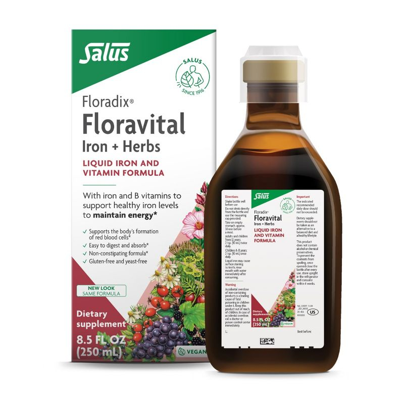 Floradix Floravital Liquid Iron & Vitamin Formula - Liquid Iron Supplement with C & B Vitamins - Vegan, Gluten-Free, Yeast-Free & Non-GMO - 8.5 Fl Oz