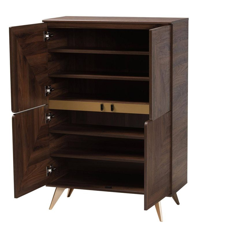 Graceland Wood Shoe Cabinet Walnut Brown/Gold - Baxton Studio: Mid-Century Design, 6 Shelves, Organizes 18 Pairs