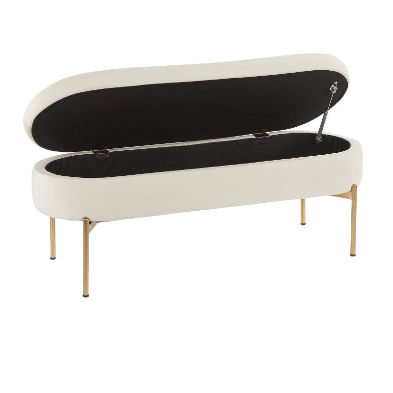48" Chloe Contemporary Upholstered Storage Bench Gold/Cream - LumiSource: Velvet Seating, Metal Base