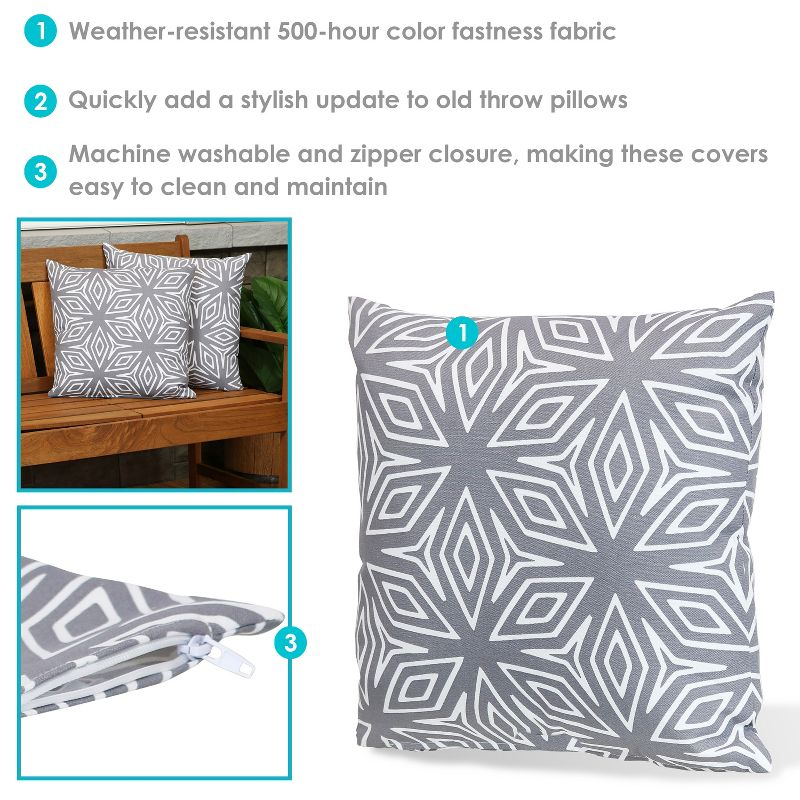 Sunnydaze Indoor/Outdoor Weather-Resistant Polyester Square Decorative Pillow Cover Only with Zipper Closures - 17" x 17" - Gray Geometric - 2pk