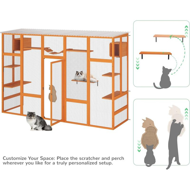 COZIWOW Outdoor Cat Enclosure, Catio Pet Safe House, 104" Extra Large Indoor Window Box with 7 Platforms, Resting Houses, and Walk-In Door, Orange