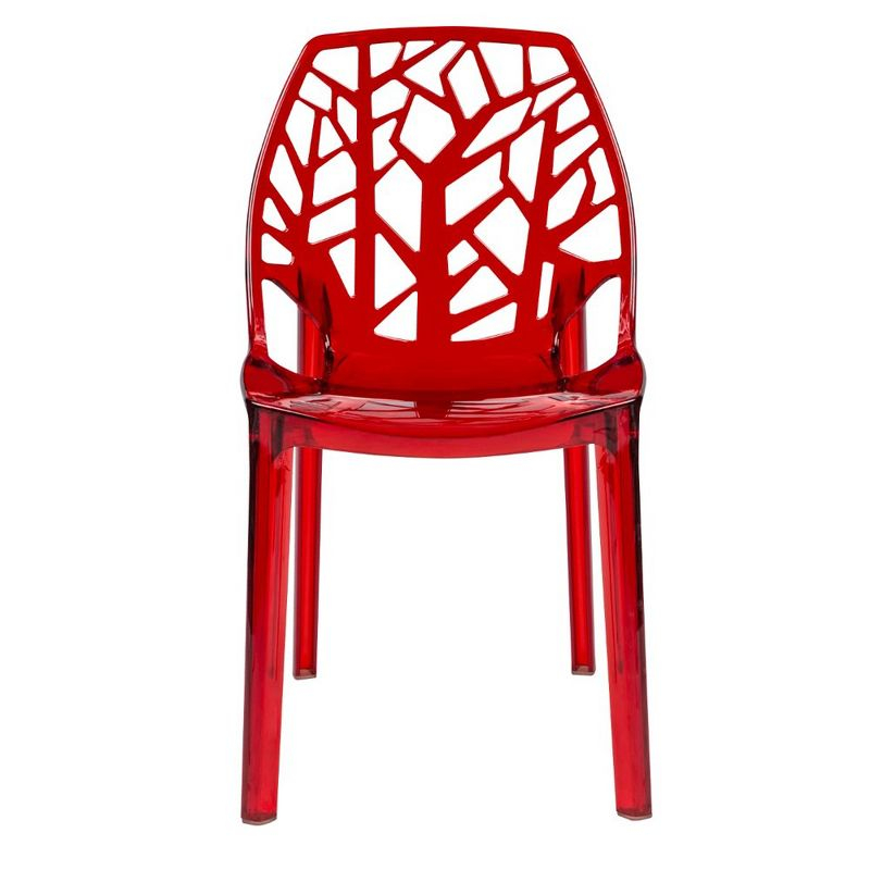 LeisureMod Cornelia Modern Plastic Dining Chair with Cut-Out Tree Design, Transparent Red