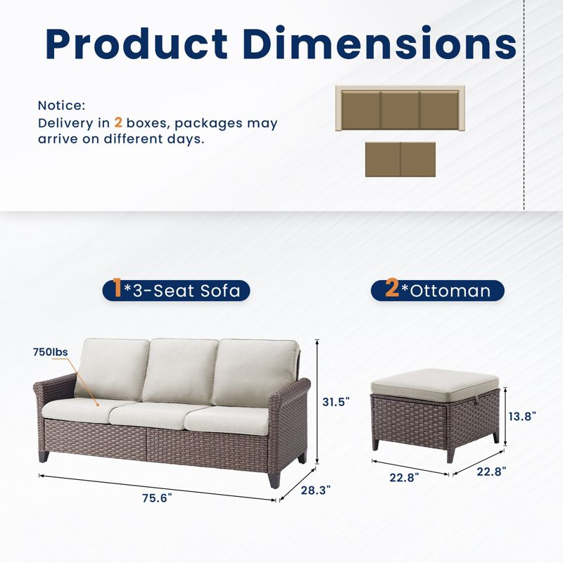 Buenhomino 3 Pieces Outdoor Patio Furniture Wicker Rattan Sofa Set With Ottomans,