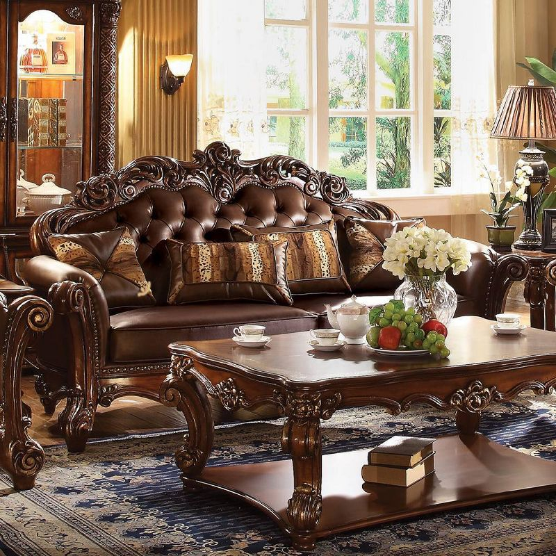 96" Vendome PU Sofa Cherry - Acme Furniture: Traditional Crescent, Nailhead Trim, Includes 3 Pillows