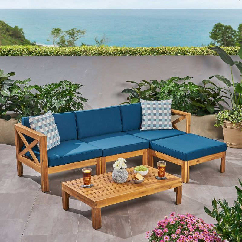Alcove 5pc Acacia Wood Sofa Set Teak/Dark Teal - Christopher Knight Home: Weather-Resistant Outdoor Seating