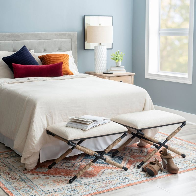 24" Ashburn Boho Rope Wrapped Campaign Accent Stool Ottoman Buff Beige Linen - Linon: Vanity, Bedroom Bench