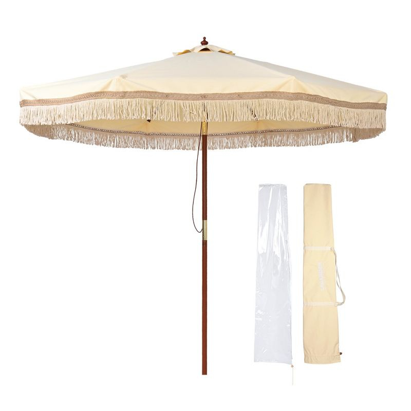 LAGarden BOHO 9' Fringe Patio Umbrella with Tassels UPF50+ Boho Style 5-Year-Non-Fading for Outdoor Yard Market Butter Twisted Root beige