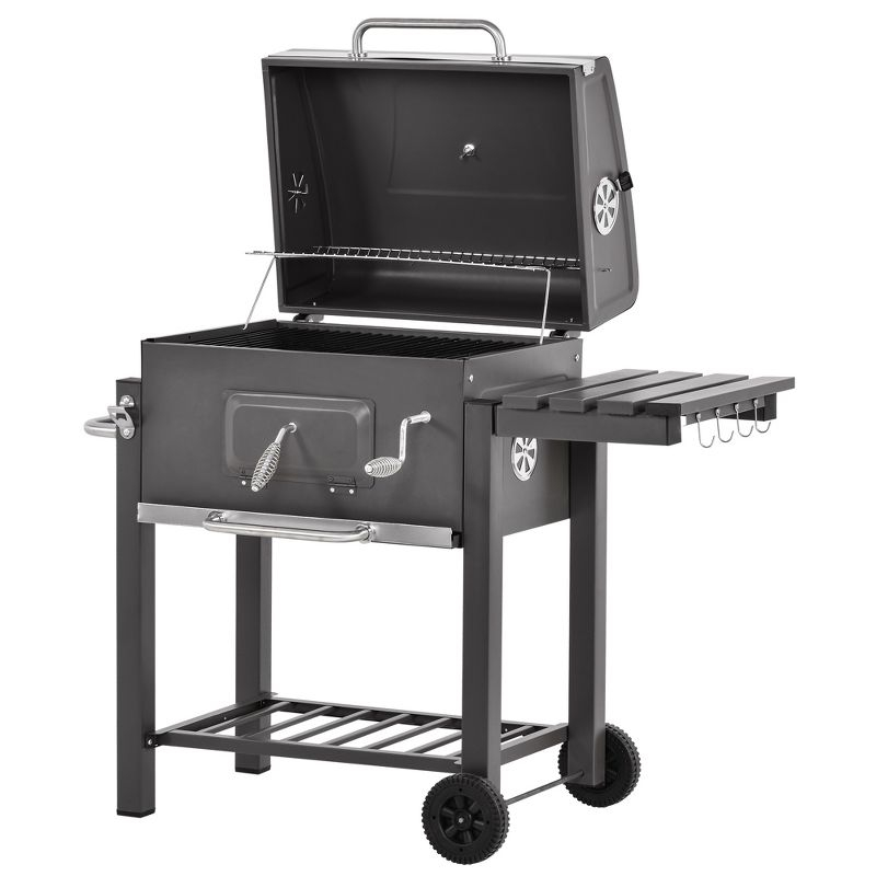Outsunny Charcoal BBQ Grill, Outdoor Portable Cooker for Camping or Backyard Picnic with Side Table, Bottom Storage Shelf, Wheels and Handle, Gray