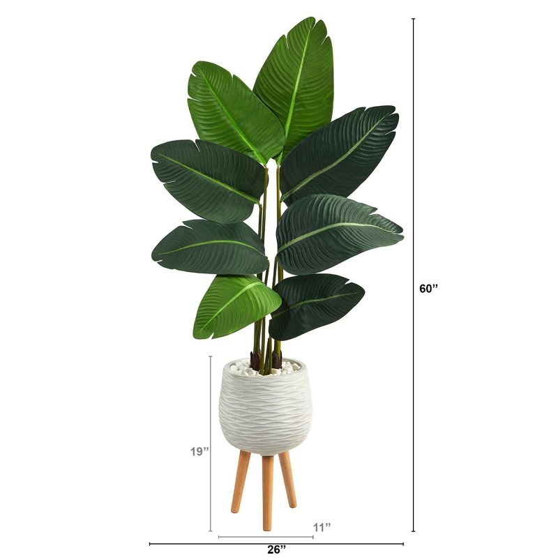 Nearly Natural 5-ft Travelers Palm Artificial Tree in White Planter with Stand