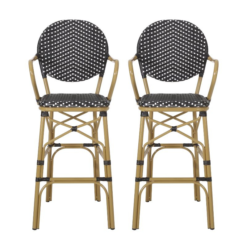 GDFStudio Danberry Outdoor Wicker and Aluminum 29.5 Inch French Barstools (Set of 2), Black
