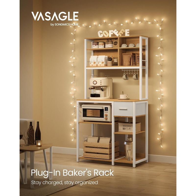 Bakers Rack with Charging Station, Coffee Bar with Adjustable Storage Shelves, Fabric Drawer, 12 Hooks, Kitchen Microwave Stand, White