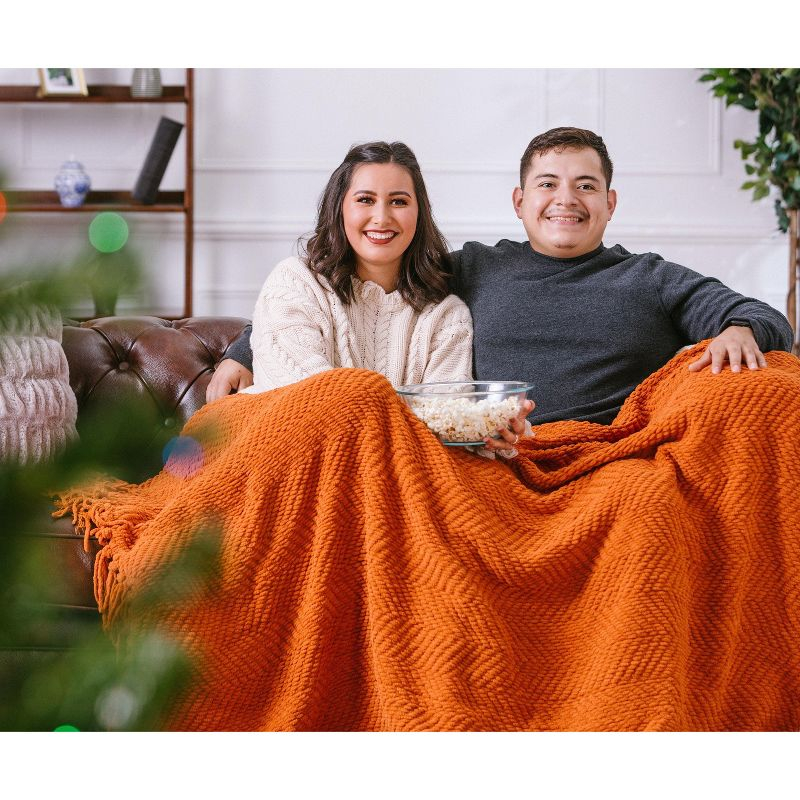 Chanasya Textured Knit Throw Blanket with Tassels - 60" x 70” - Orange