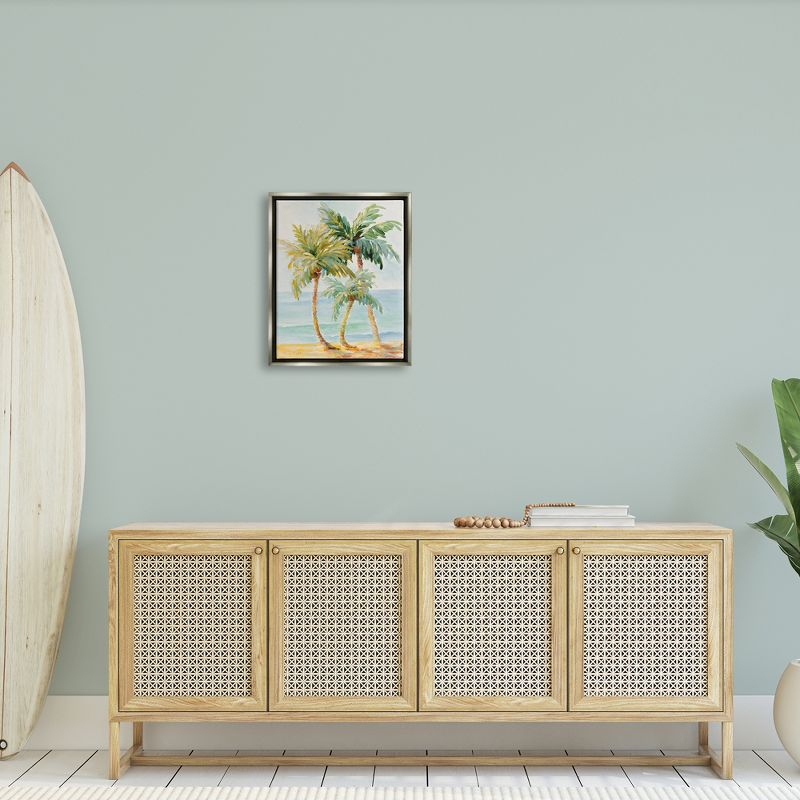 Stupell Industries Tropical Palm Trees on Coastal Beach Sand Gray Floater Framed Canvas Wall Art, 16 x 20