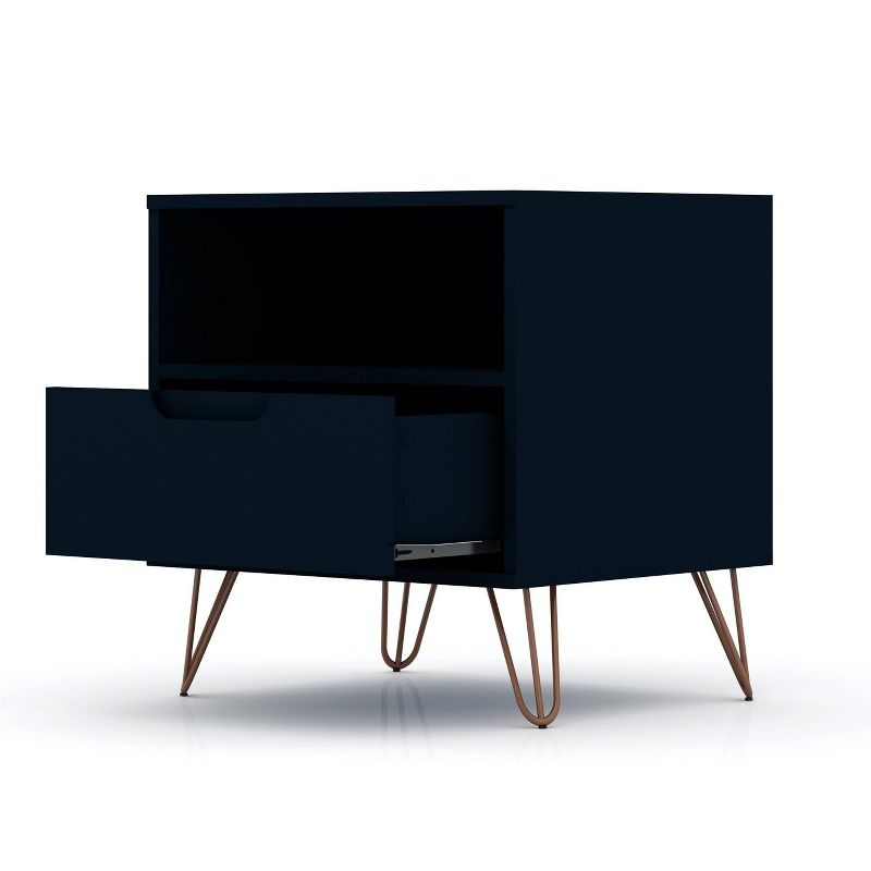 Manhattan Comfort 1.0 Rockefeller Nightstand Blue: Modern Bedside Table with Storage, Shelving & Metal Glides