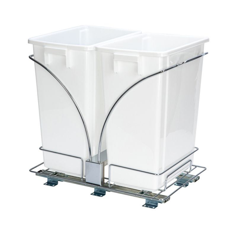 Glidez Chrome-Plated Steel Pull-Out/Slide-Out Discreet Double 9 Gallon Plastic Trash Cans and Recycling Bins for Under Cabinet Use - Chrome and White