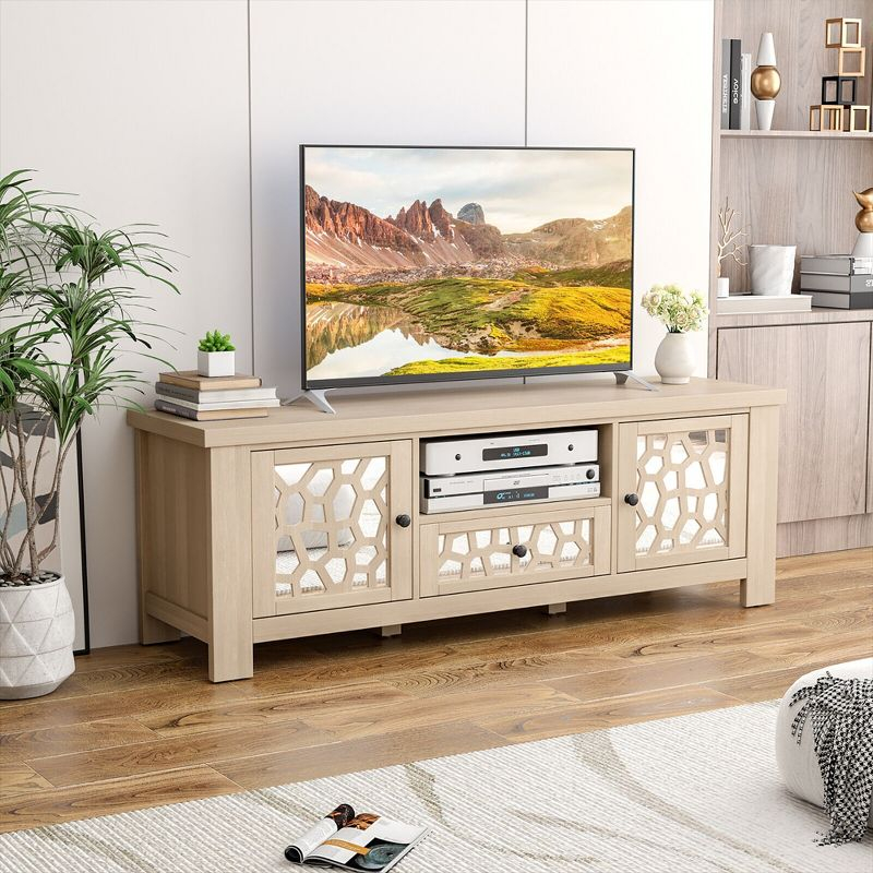 Tangkula 55" Retro TV Stand Media Entertainment Center w/ Mirror Doors & Drawer Natural