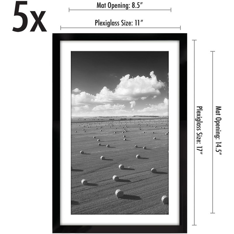 Americanflat 11x17 Picture Frame with Polished Plexiglass, Set of 5, Use as 9x15 Frame with Mat or 11x17 Frame Without Mat, Galleria Collection,Black