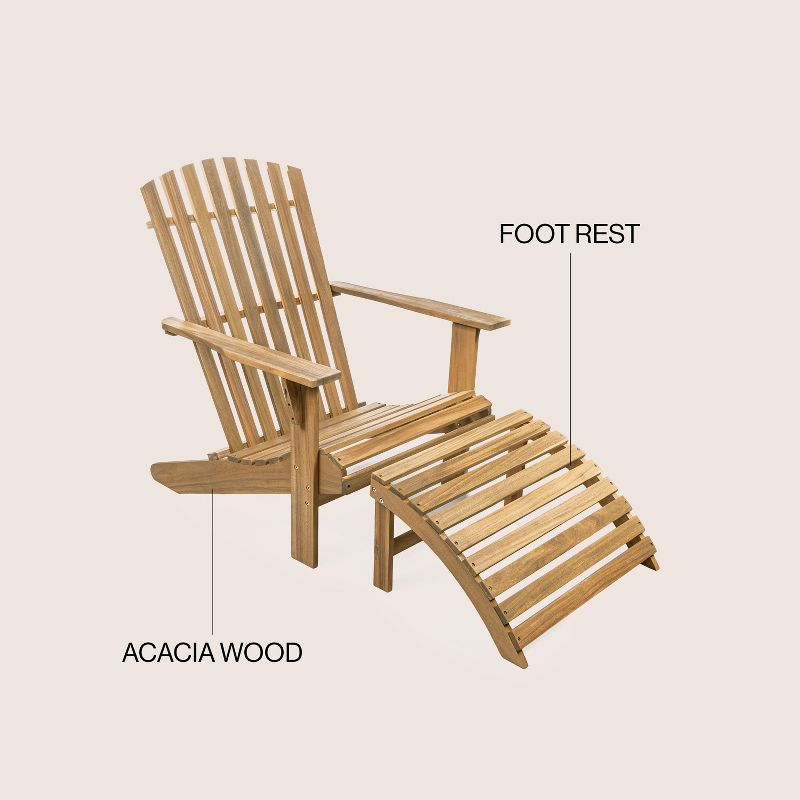 Saranac 2-Piece Traditional Rustic Acacia Wood Adirondack Chair with Detachable Ottoman, Teak Brown - JONATHAN Y