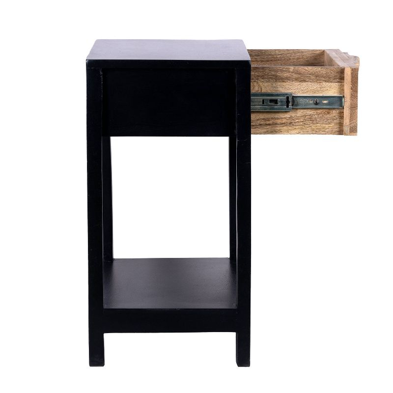 Benzara 22" Side Table with Rattan Front Drawer and Open Shelf Mango Wood Frame Black/Brown