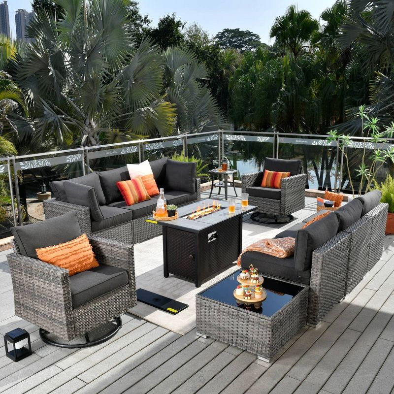 Ovios Venice 11pc Wicker Outdoor Patio Furniture Set Conversation Sofa with a Metal Fire Pit Swivel Chairs and Dark Gray Cushions