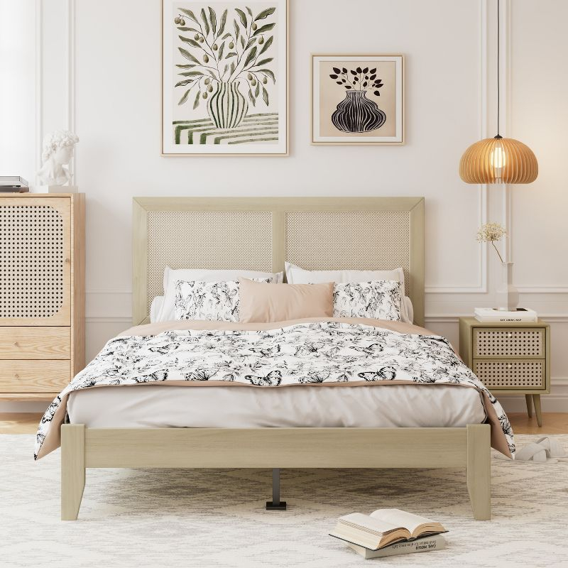 Christopher Knight Home Eudoca Rubber Wood Platform Bed with Rattan Woven Headboard, Natural, Queen