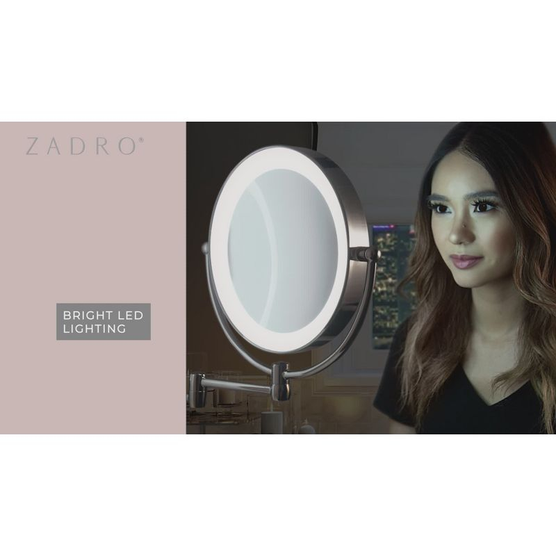 11" Round LED Wall Mount Powered by Battery or Adaptor Makeup Mirror Satin Nickel Finish - Zadro: 10x Magnifying, Spot Clean, Metal & Glass