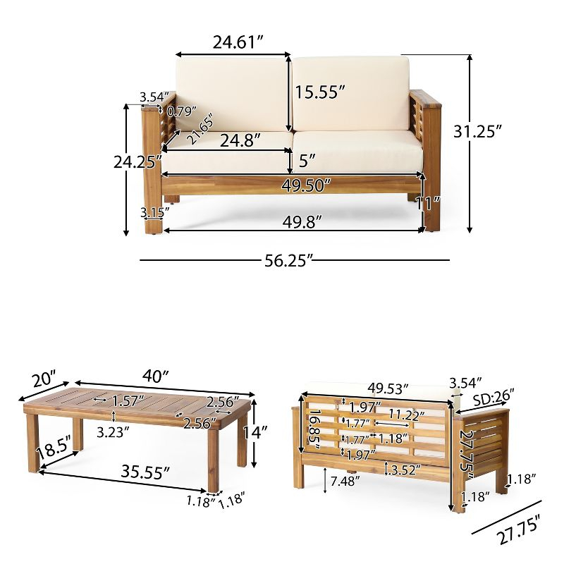 Christopher Knight Home Rabun Outdoor Acacia Wood 4 Seater Chat Set with Cushions, Cream/Teak