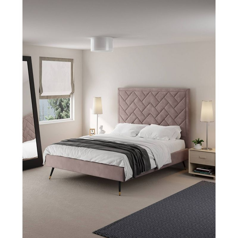 Manhattan Comfort Queen Crosby Modern Velvet Upholstered Bed Blush: Chic Wingback Design, Foam-Filled, No Box Spring Needed
