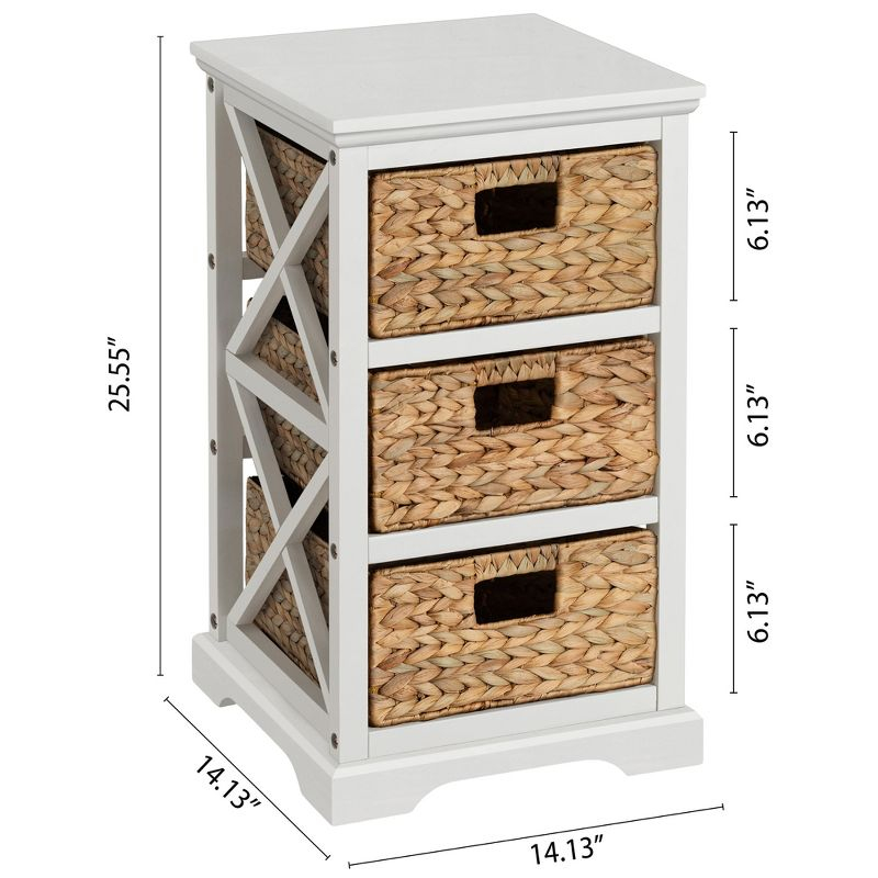 eHemco Hampton Meadows 3 Tier X-Side End Storage Cabinet with 3 Wicker Baskets, White