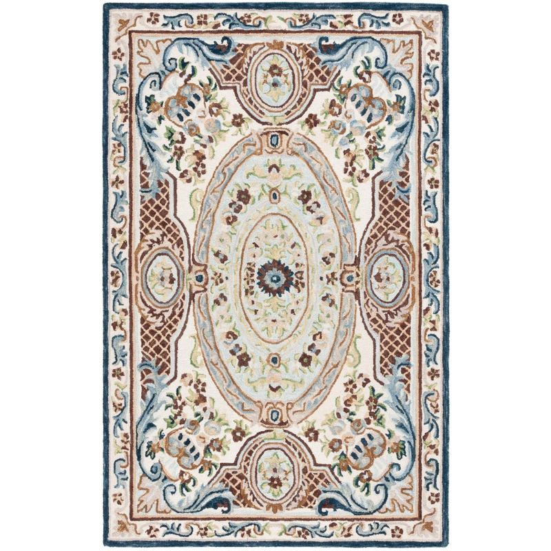 Aubusson AUB202 Handmade Tufted Accent Rug - Ivory/Blue - 3' X 5' - Safavieh