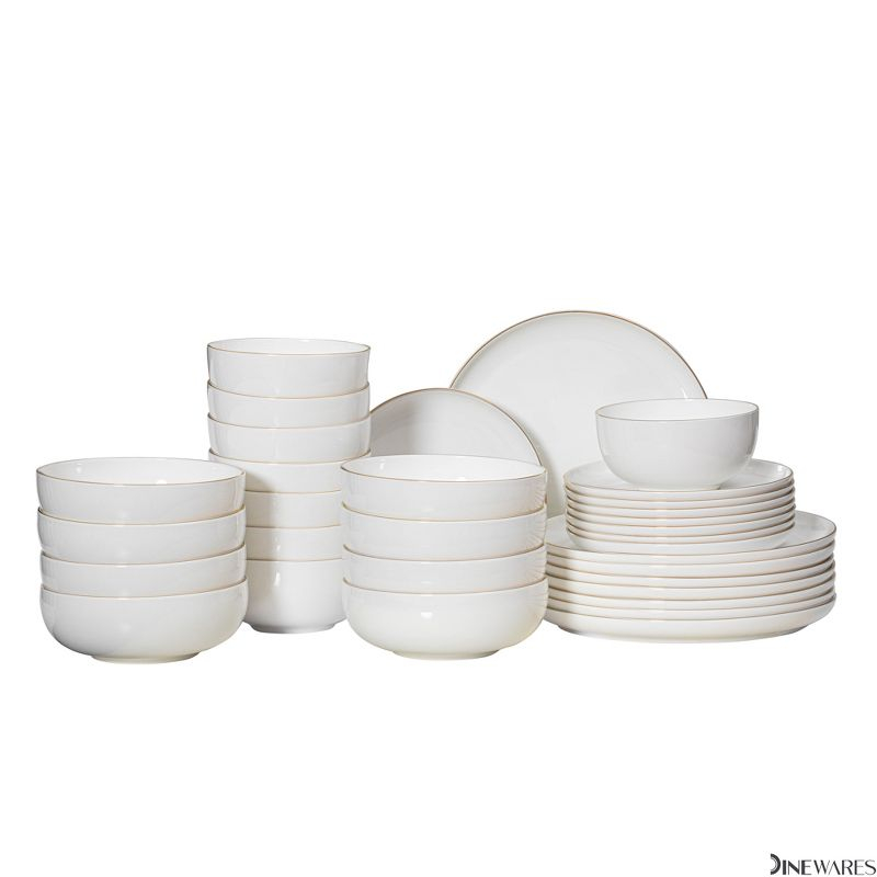 Dinewares White with Gold Rim Bone China Dinnerware Set - Service for 8, Includes Dinner Plates, Salad Plates, and Cereal or Soup Bowls