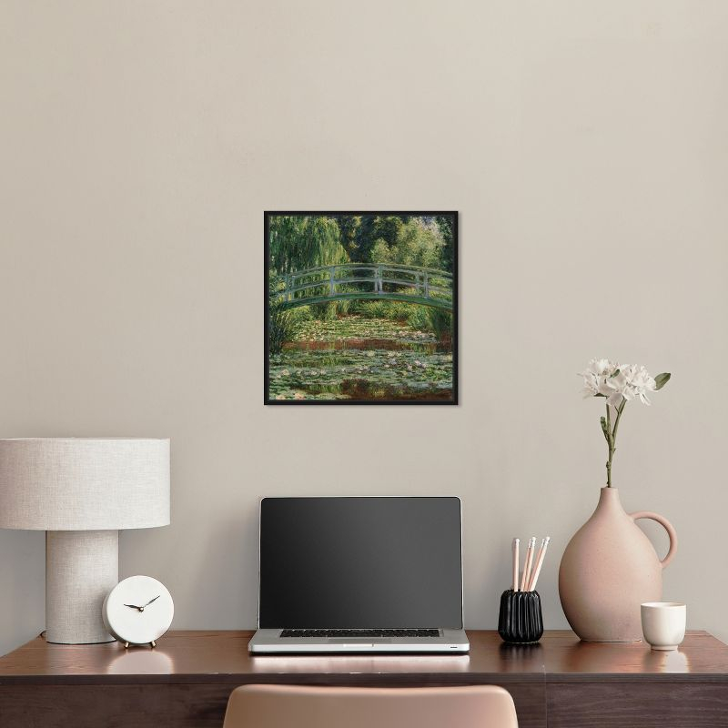 Monet - The Japanese Footbridge and the Water Lily Pool Giverny Canvas Impressionism Wall Art by Art Remedy, Black Frame, 16" x 16"