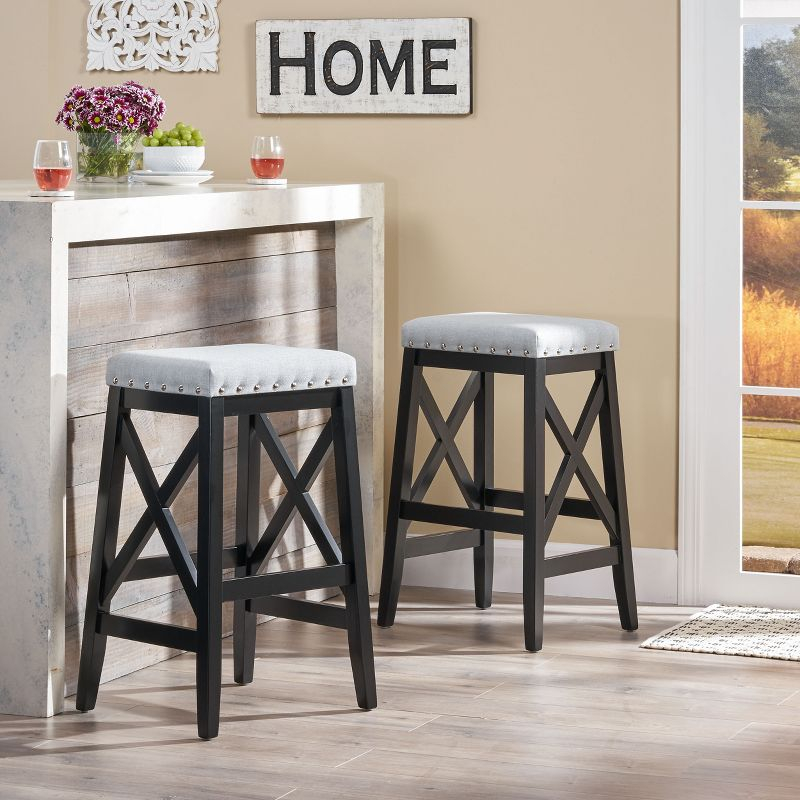 GDFStudio Ropp Farmhouse Fabric Upholstered 29.5 Inch Backless Barstools with Nailhead Trim (Set of 2), Light Gray
